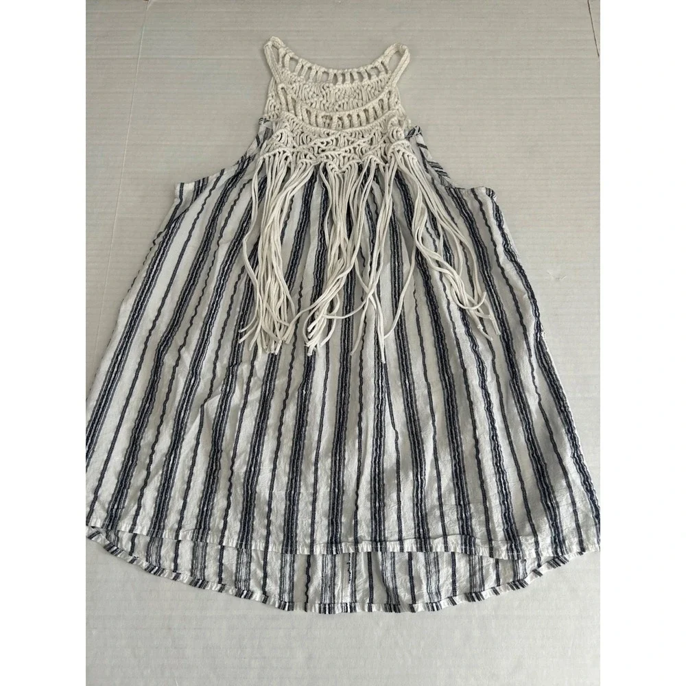 Knox Rose Macrame Fringe Striped Tank Top Size S Blue White Woven‎ Halter Boho